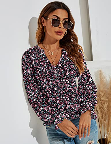 Romanstii Casual Blouse For Women Flower T-Shirts Long Sleeve Henley Neck Tops,Black/Red Floral,L #TOP1