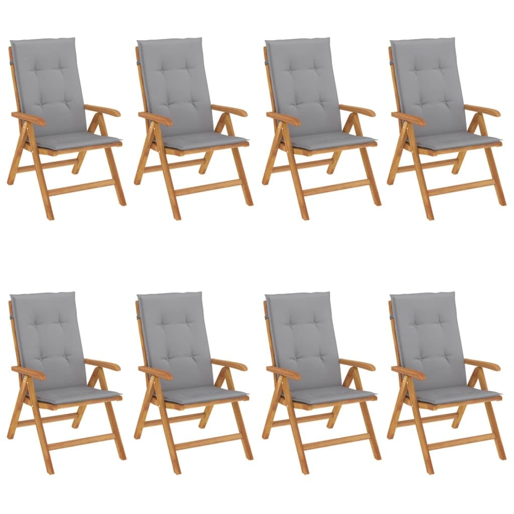 Sedie da giardino con cuscini, 8 pezzi, regolabili, in legno di teak massiccio, pieghevoli, comode per esterni, con cuscini impermeabili, mobili per terrazza e giardino