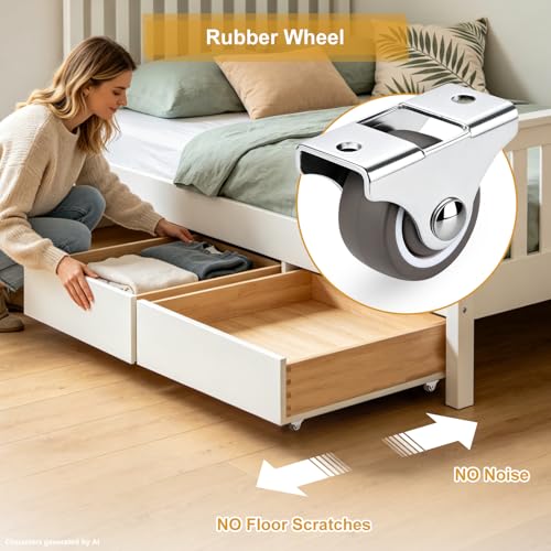 1 Inch Small Rigid Caster Wheels, 4 Pack Non-Swivel Low Profile Plate Casters, No Floor Marks Silent Rubber Replacement Wheels for Furniture, Trundle Beds, Drawers, Rolling Doors, Cabinets | Low Profile, Non-Marks, Smooth Rolling, Steel Fixed Bracket