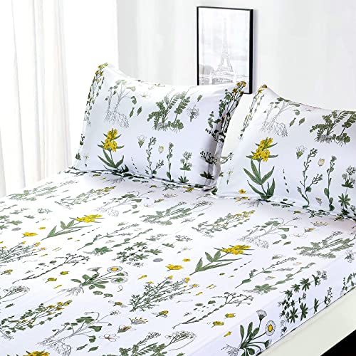 Lrzg Botanical Sheet Set Queen Size Yellow Flowers Green Leaves Floral Garden Pattern Floral Printed Sheets Set 4Pcs Microfiber Soft Breathable Bed Sheets Set #TOP7