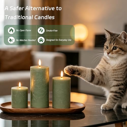 Image of Olive Green Flameless Pillar Candles, Real Wax LED Candles with Remote & Timer, Battery Operated Decorative Candles for Aesthetic Home Decor, Set of 3