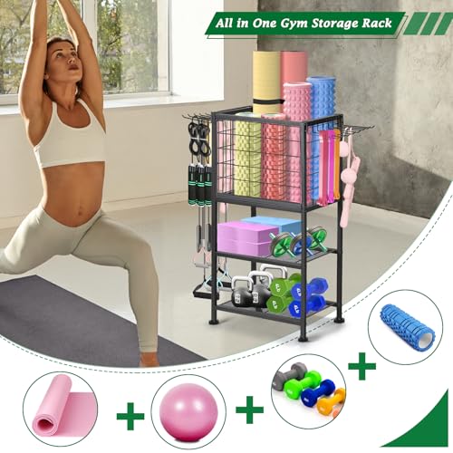 CADUKE Dumbbell Rack & Stand, Yoga Mat Storage with Hooks and Wheels, Home Gym Weight Rack for Dumbbells, Kettlebells, Yoga Mat, Yoga Block, Foam Roller and Resistance Band - Image 4