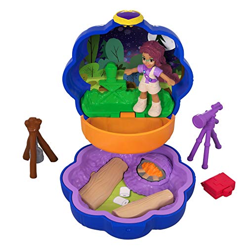 Polly Pocket Mini-Coffret bleu Shani Camping Aventure avec 1 mini-figurine et accessoires téléscope et trousse de secours, jouet enfant, FWN40