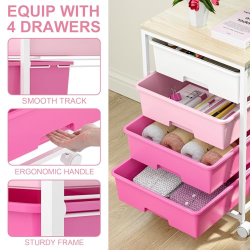 Image of SYKIARIOL Rolling Cart with Drawers, 4-Drawer Utility Cart, Pink