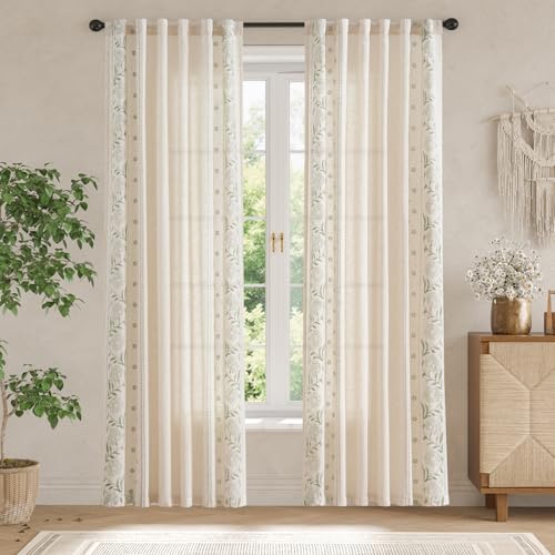 Image of jinchan Sage Floral Linen Curtains for Living Room 84 inch Back Tab 2 Panels