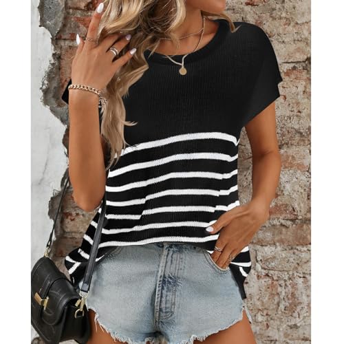 Blostirno Womens Cap Sleeve Sleeveless Sweater Summer Casual Crewneck Striped Knit Vest Loose Fit Pullover Tops3