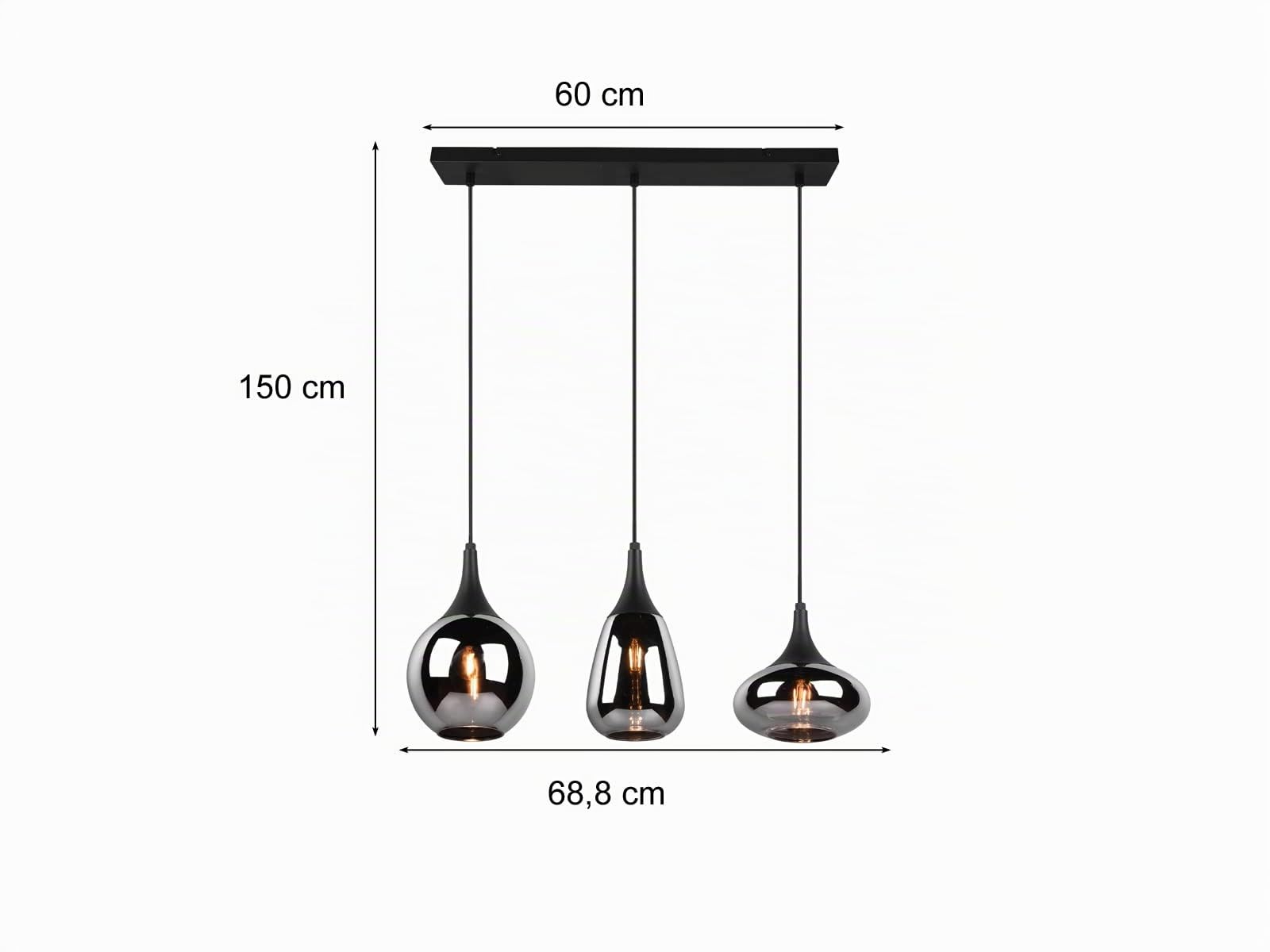 meineWunschleuchte Lampada a sospensione a LED a 3 luci, in vetro cromato, a specchio, effetto vetro fumé