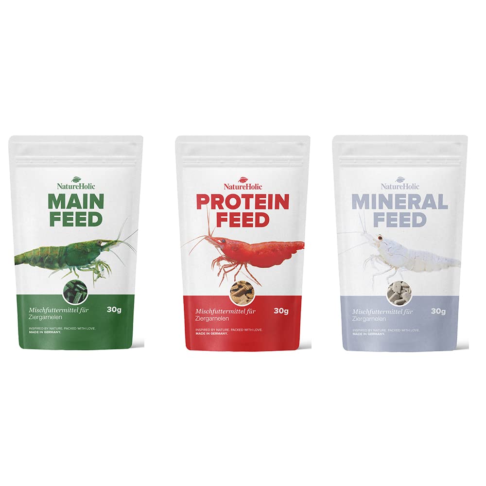 NatureHolic – Set di mangime per gamberetti – Mainfeed / Proteinfeed / Mineral Feed – Set di mangime per gamberetti per acquario – 3 x 30 g