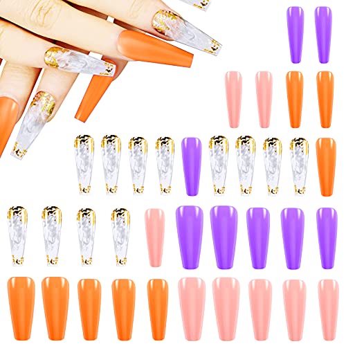 72 Pieces Extra Long Press on Nails Solid Orange Press on Nails Full Cover Fake Nails Glossy Smoke Pattern with Glue, Stick Remover, Nail File, Colorful Coffin Artificial Nail Tips for Women and Girls