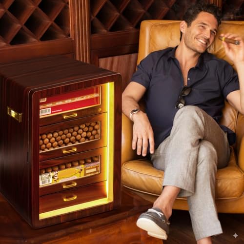 Desktop Cigar Humidor Cabinet Triple-Sided Light with Digital Hygrometer, Humidifier and Humidity Packs. 4 Ceder Wood Drawers, Cigar Humidor Box can Hold 200 Cigars. Present for Men