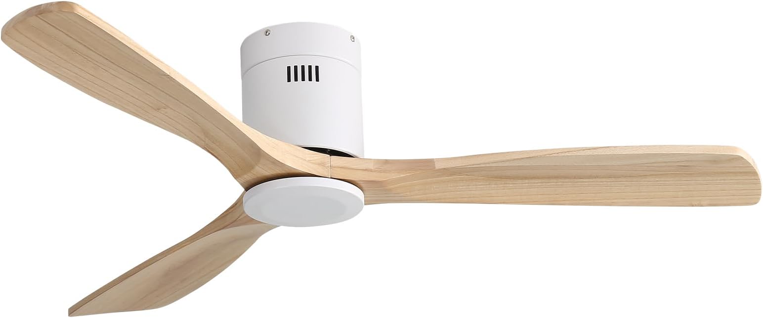 CACI Mall 52 Inch Ceiling Fan No Light, Low Profile Flush Mount Modern Wood Ceiling Fan with Remote, Reversible Quiet DC Motor, Suitable for Bedroom Living Room Patio Farmhouse Indoor/Outdoor