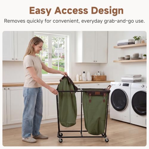 Image of StorageWorks 2 Section Laundry Hamper, 330L Extra Large Green Rolling Cart | 2 Section Laundry Hamper with Wheels, Green Rolling Sorter Cart for Bathroom, Hotel