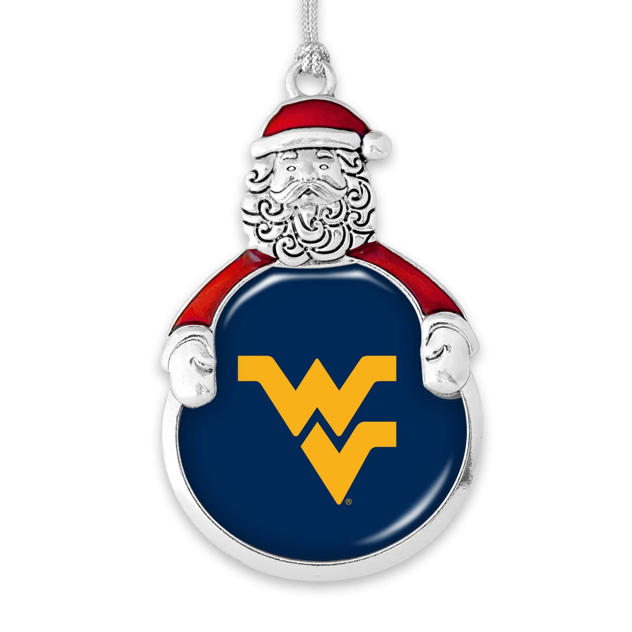 West Virginia Mountaineers Santa with Team Logo Silver Metal Christmas Ornament Gift Tree Decoration WVU