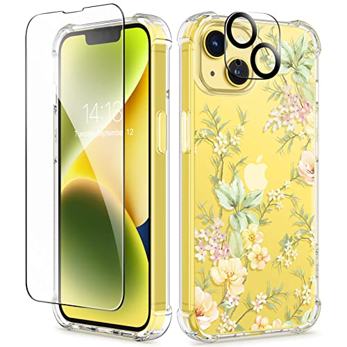 Gviewin Compatible With Iphone 14 Case With Screen Protector+Camera Lens Protector, Soft Shockproof Clear Floral Phone Protective Cover For Women, Flower Pattern Design 6.1" (Peach Blossom/Yellow) #TOP17