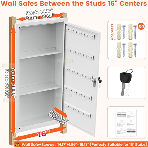 Image of 29.53 inch Tall White Wall Safes Between 16 inch Studs | 33% Larger Capacity & Lock | Lockable Hidden Safe Box with 2 Removable Shelf & Hooks for Keys Jewellery | Home In Wall Safe for Money Medicines Valuables