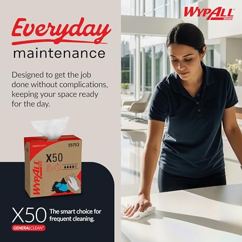 Image of WypAll GeneralClean X50 Cleaning Cloths, 5 x 132 Towels, White (59753) | Pop-Up Box, White Towels, Light-Weight, Engineered to Clean Dirt and Sticky Messes
