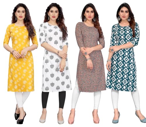 Image of JAKHANA Women's Crepe Printed Casual Straight Calf Length Round Nick Kurta Pack of 4