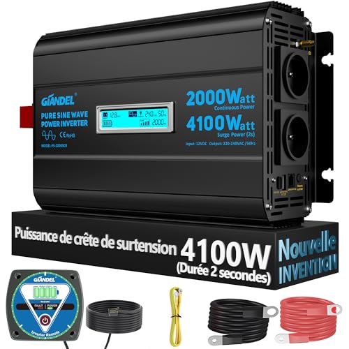 GIANDEL Convertisseur 12V 220V Pur Sinus 2000W 4100W Puissance de surtension Onduleur Onde sinusoïdale Pure Transformateur avec Type-C PD30W Tension d'entrée Réglable pour Camping Solaire Hors Réseau
