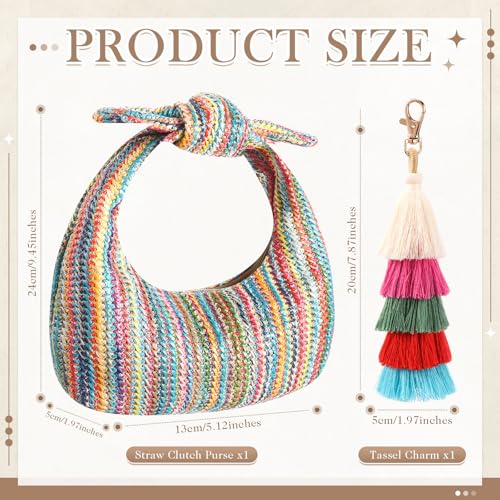 Image of Abbylike Knotted Straw Clutch Purse with Tassels Summer Beach Bag Bow Dumpling Evening Handbag for Women Beach Party Travel