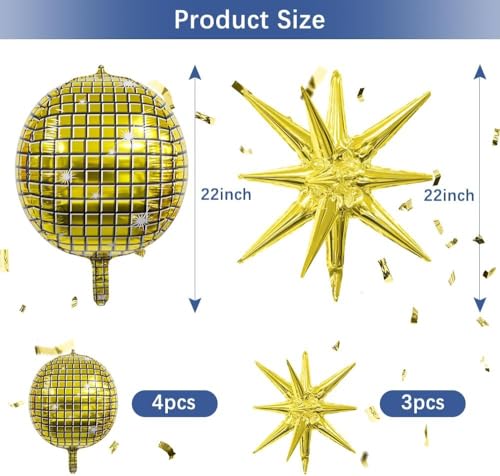 Image of 7Pcs 22Inch Golden Disco Ball Balloons - 4D Large Foil Balloons with Metallic Star for 70s Disco Dance Birthday Party