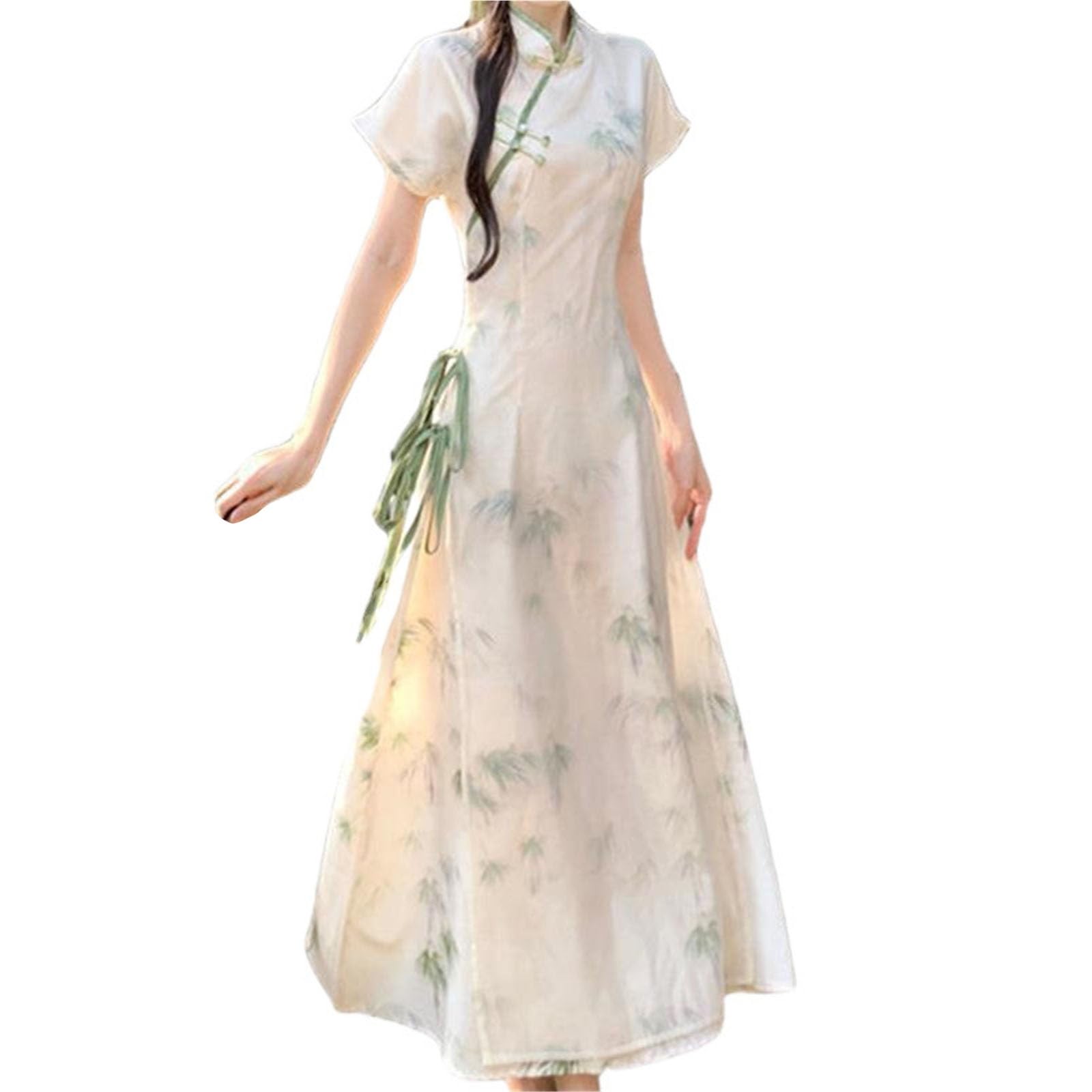SXTYYH Ao Dai Vietnamese Dress for Women Traditional Chinese Dresses Summer Qipao Hanfu Dress Big Size Cheongsam Dress(M) Green