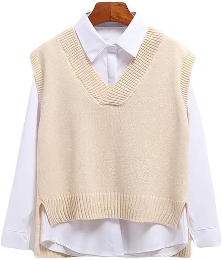 Women Sweater Vest V-Neck Knitted Top Spring Solid Sleeveless Pullover
