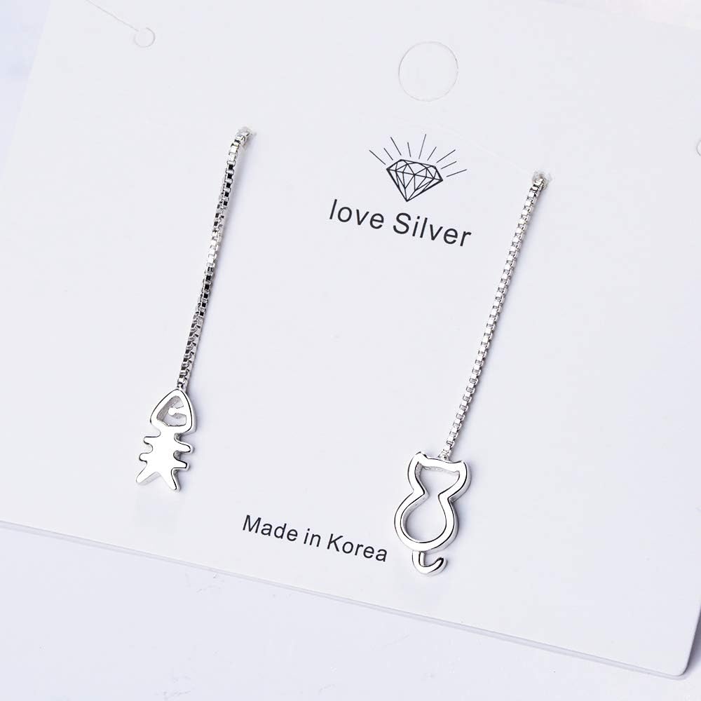 Cute Cat Drop Dangle Earrings for Women/Girls 925 Sterling Silver Chain Ear Thread Dangle Earring (S04) - Image 3