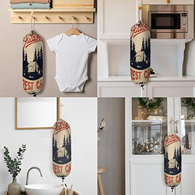 Outdoor Forest Camping Theme Plastic Bag Holder Cute Wall Mount Plastic Bag Organizer Reusable Large Grocery Bag Storage Dispenser for Home Kitchen Travelling 22x9