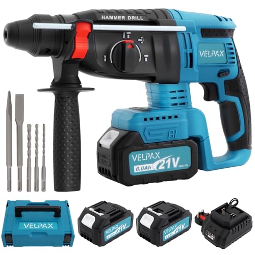 Akku Bohrhammer 21V,Schlagenergie 2.8 J,mit 5 Stück SDS-plus,Bohren bis 30 mm,Bürstenloser Bohrhammer Motor, Anti-Vibrationsgriff,inkl. 6Ah Akku im Handwerkerkoffer