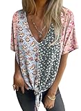 Short Sleeve Shirts for Women Casual Summer Front Tie V Neck Tunic Tops Loose Boho Floral Blouses