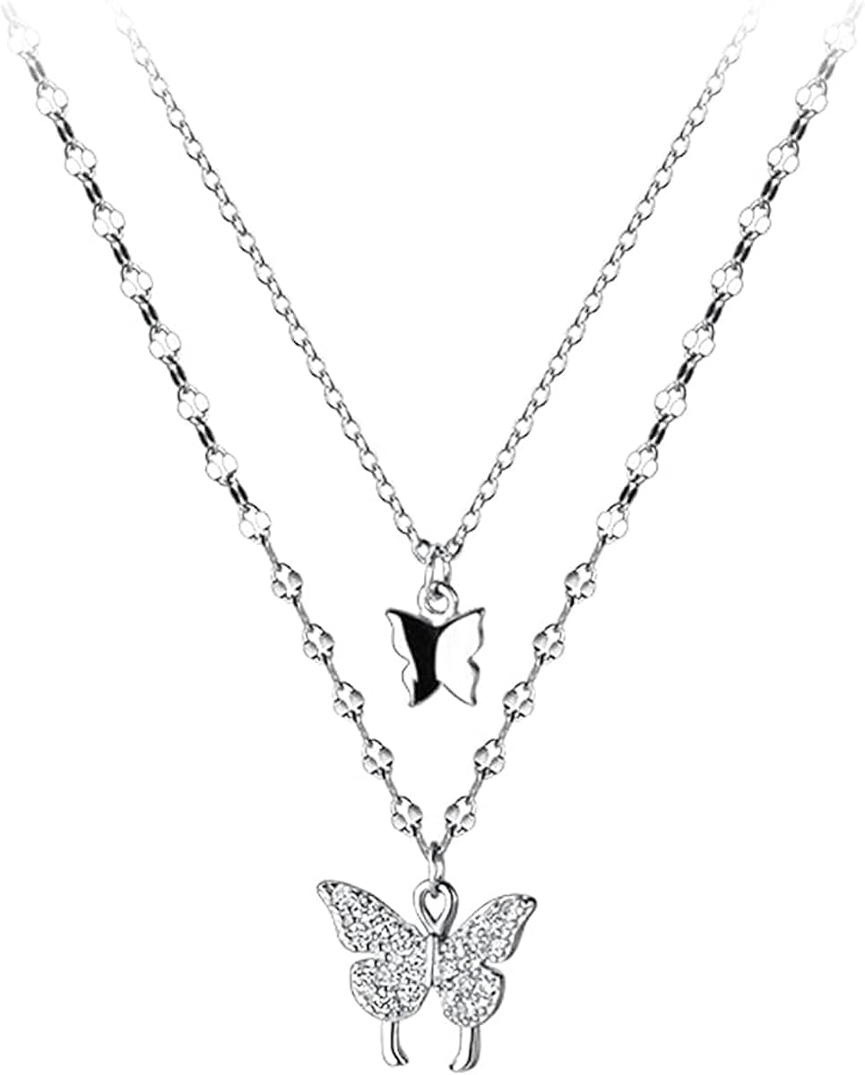 Sterling Silver Butterfly Necklace, Vintage Layered Crystal Necklace for Women & Teen Girls, 925 Silver Choker with Double Butterfly Pendant | 925 Sterling Silver, Christmas Gift, Butterfly Necklace, Birthday Gift, Valentine's Day Gift, For Women, Fashionable Necklace