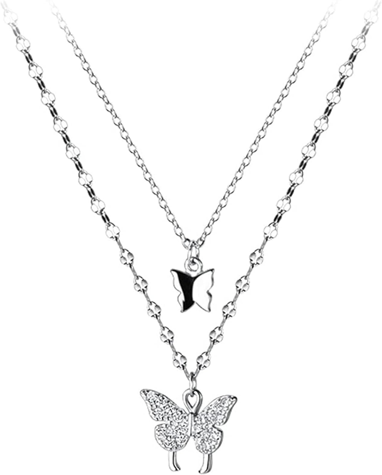 Sterling Silver Butterfly Necklace, Vintage Layered Crystal Necklace for Women & Teen Girls, 925 Silver Choker with Double Butterfly Pendant
