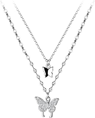 Sterling Silver Butterfly Necklace, Vintage Layered Crystal Necklace for Women & Teen Girls, 925 Silver Choker with Double Butterfly Pendant