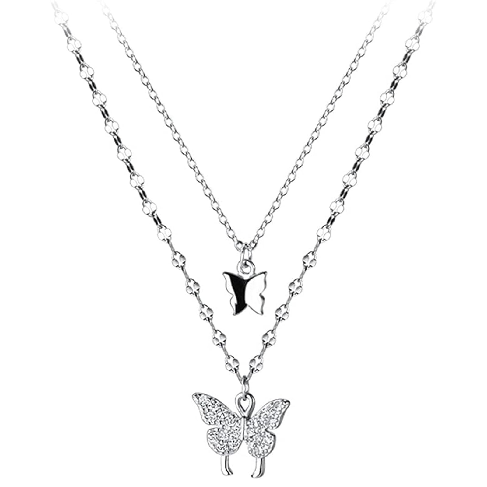Sterling Silver Butterfly Necklace, Vintage Layered Crystal Necklace for Women & Teen Girls, 925 Silver Choker with Double Butterfly Pendant