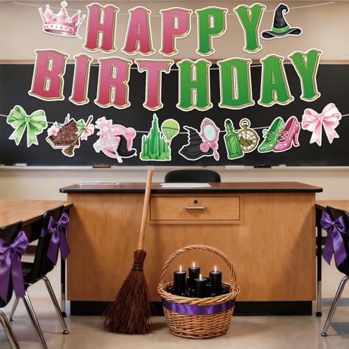 Image of 3pcs Pre-Strung Wicked Happy Birthday Banner Pink and Green Paper Garland for Witch Theme Party Decorations