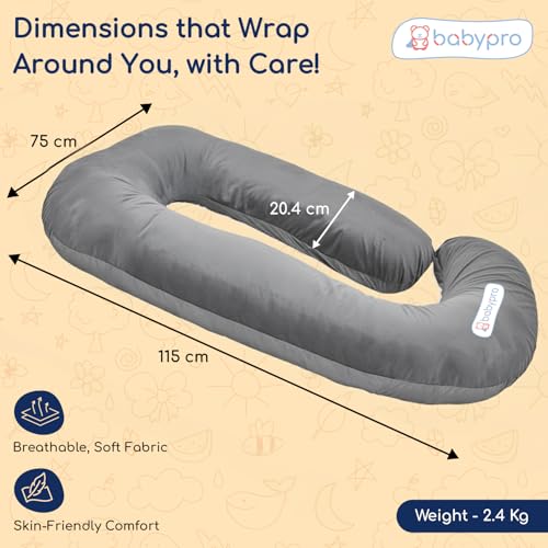 Image of BabyPro J-Shaped Pregnancy Pillow with Silky Cooling Velvet Cover, Grey | Full Body Pillow for Back Pain, Head, Belly, Hips & Knees, Soft Cushion