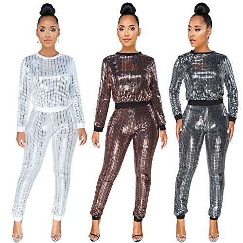 Lucuna 2 Piece Outfits For Women, Scoop Neck Long Sleeve Glitter Tracksuit Sport Wear #TOP2