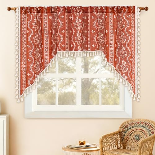Image of Yinhua Boho Swag Valance Curtains Vintage Linen Valances for Windows Light Filtering Floral Kitchen Valance Rod Pocket Farmhouse Tassel Window Valances for Bathroom Cafe, 60 inch W x 36 inch L, Terracotta