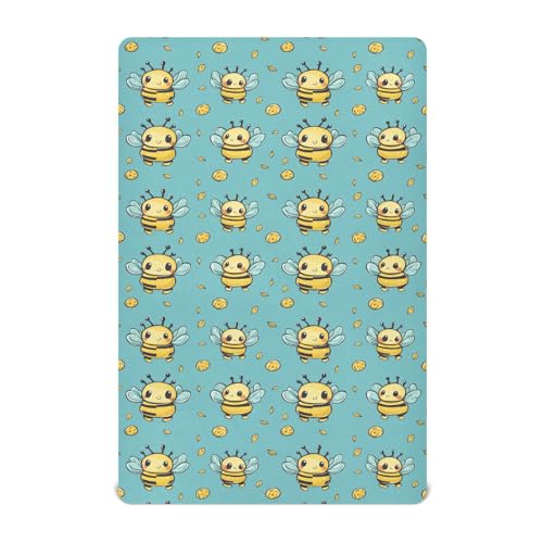 Image of Fitted Crib Sheets Cartoon Bee Holding Honey Pot Stretchy Portable Playard Sheets for Baby Toddler, Breathable Soft Mini Crib Mattress 39 x 27 in for Boys and Girls