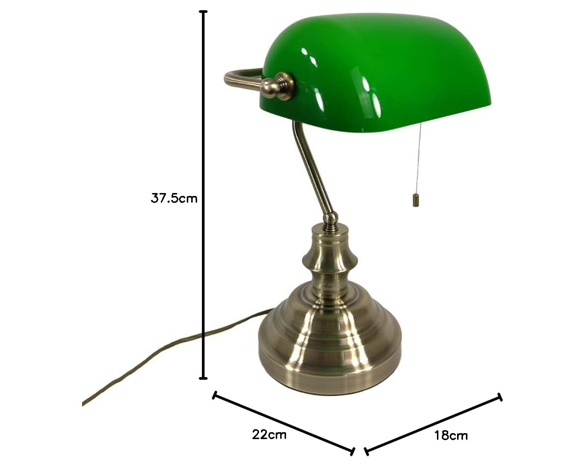 Dapo Bankerslampe Schreibtischleuchte mit Zugschalter Fassung E27 Bürolampe altmessing Schirm grün Arbeits-Nachttisch-Tisch-Lampe-Leuchte Nostalgielampe