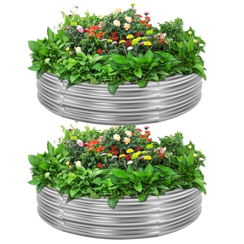 AHEONLAR 2PCs 2x2x1ft Round Galvanized Raised Metal Garden Bed Kits, Galvanized Metal Raised Garden Bed Large Metal Planter Outdoor for Herbs, Flowers, Vegetables,