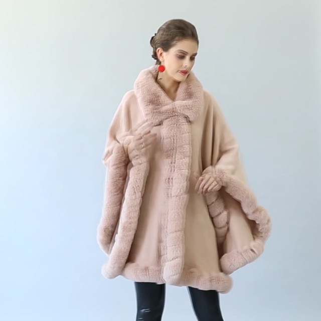 Aphratti Women's Wrap Shawl Cape Coat with Luxury Faux Rex Rabbit