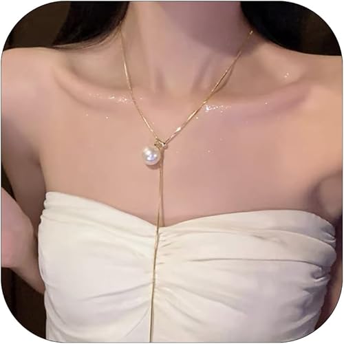 Pearl Lariat Neckalce Dainty Y Shape Necklace for Women Pearl Chain Necklace for Teen Girls Gift (Gold)