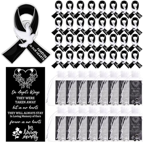 Image of Quelay 50 Sets Funeral Ribbon Pins Funeral Favors Ribbon Pins Prayer Cards and Organza Bags Awareness Lapel Forever in Our Hearts Memorial Brooch for Mourning Remembrance Day