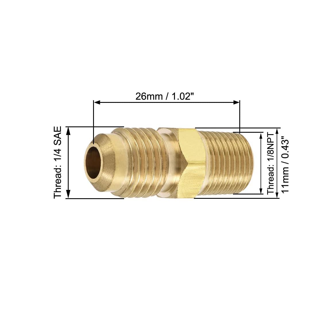 MACHSWON Brass Pipe Fitting, 1/4 SAE Flare to 1/8 NPT Male Thread, Tubing Adapter Hose Connector for Air Conditioner Refrigeration 1pcs - Image 2