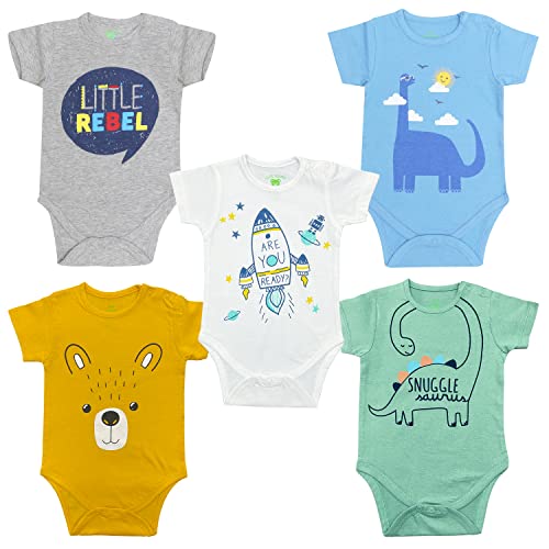 Image of YUV Baby Boy's and Girl's Pack of 5 Multi-Coloured Half Sleeve 100% Cotton Printed Onesie /Romper - 0 to 12 Months