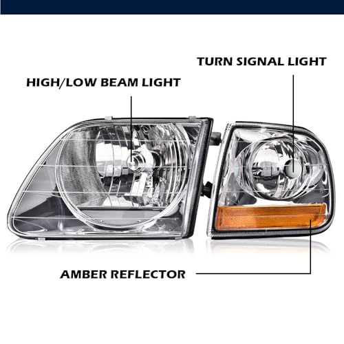 Image of GRAND ORANGE Headlight Assembly Compatible with Ford F150 1997-2003 /Fit Ford F250 97-99 /Fit Ford Expedition 97-02 Headlamps Clear Chrome Amber