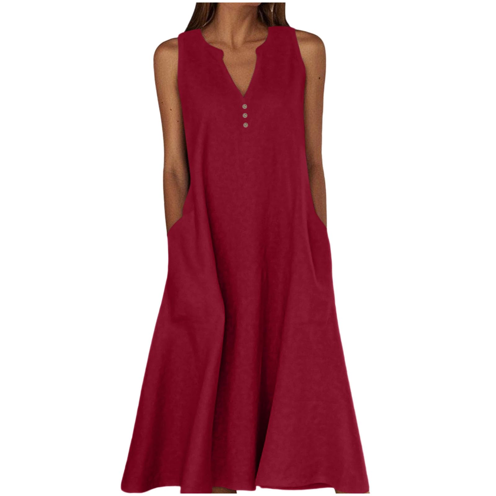 Sommerkleid Damen Lang,Ärmellose Maxikleid V-Ausschnitt Tankkleid Strandkleider Hohe Taille Lange Lockere Knielang Kleid Elastischer Taille Basic Solide Freizeitkleid T Shirt Tunikakleid mit Taschen