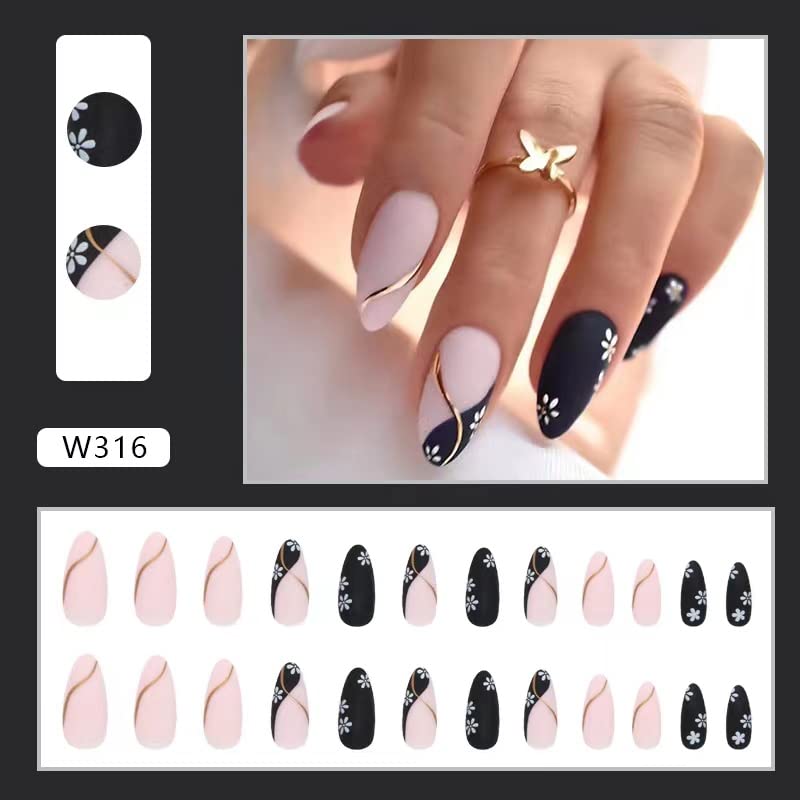 Miniatura 2 de Uñas postizas a presión de almendra francesa para primavera y verano, con bonitas flores, diseño de ondas doradas, color negro, esmerilado, pegadas,