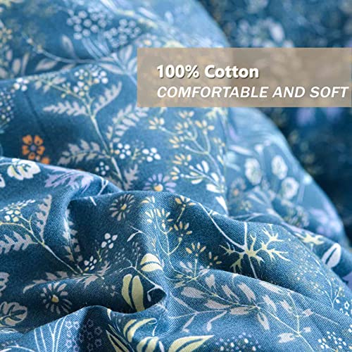 Nanko Cotton Queen Size Duvet Cover Set, Dark Blue Floral Herbs Leaf Printed Pattern Soft Bedding Sets Comforter Quilt Covers With Zip Tie, Farmhouse Style For Women Men Teen 3Pc 90X90, Navy Flower #TOP5